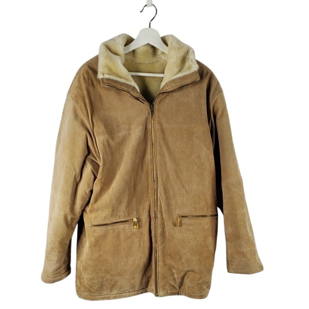 Vtg NY Jeans New York & Co Women's Large Tan Leather/suede Shearling Coat jacket